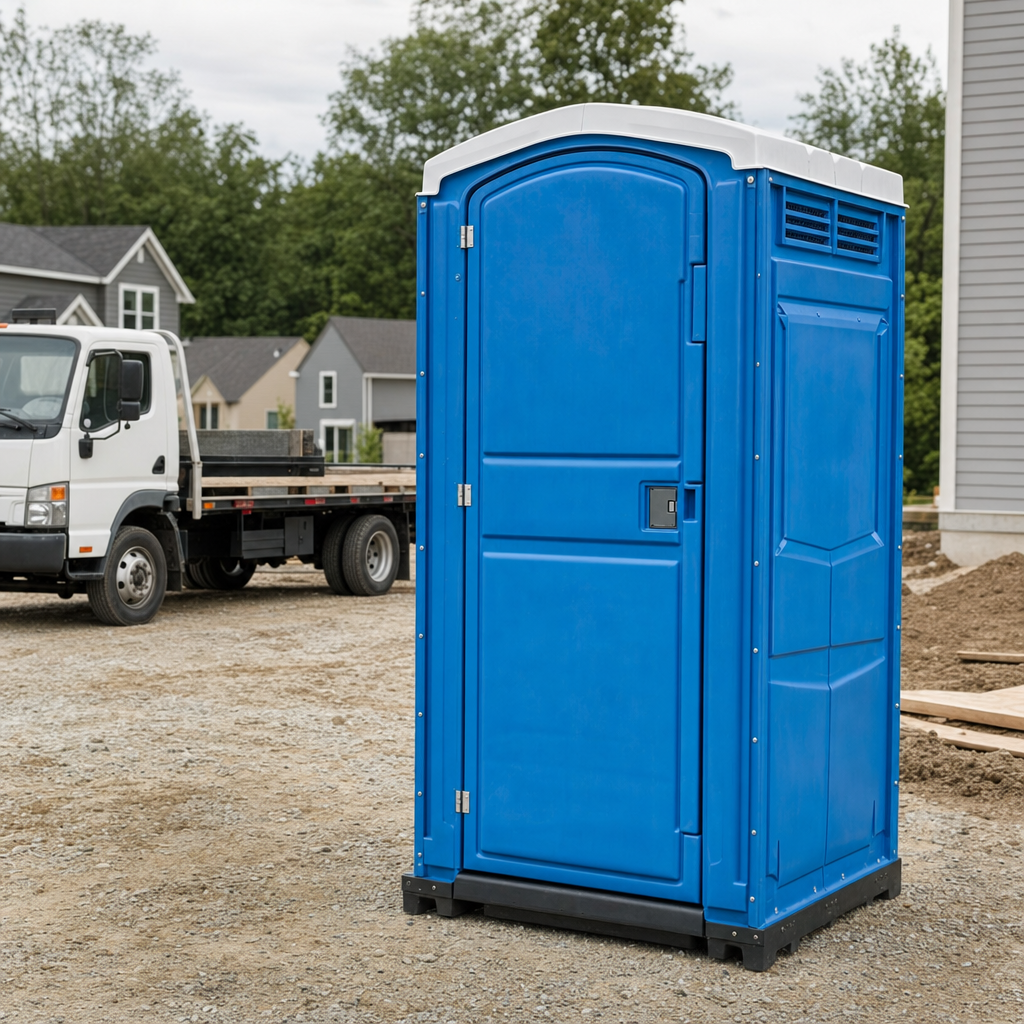 Delivery driver positioning a clean royal-blue portable toilet on level ground at a Detroit worksite