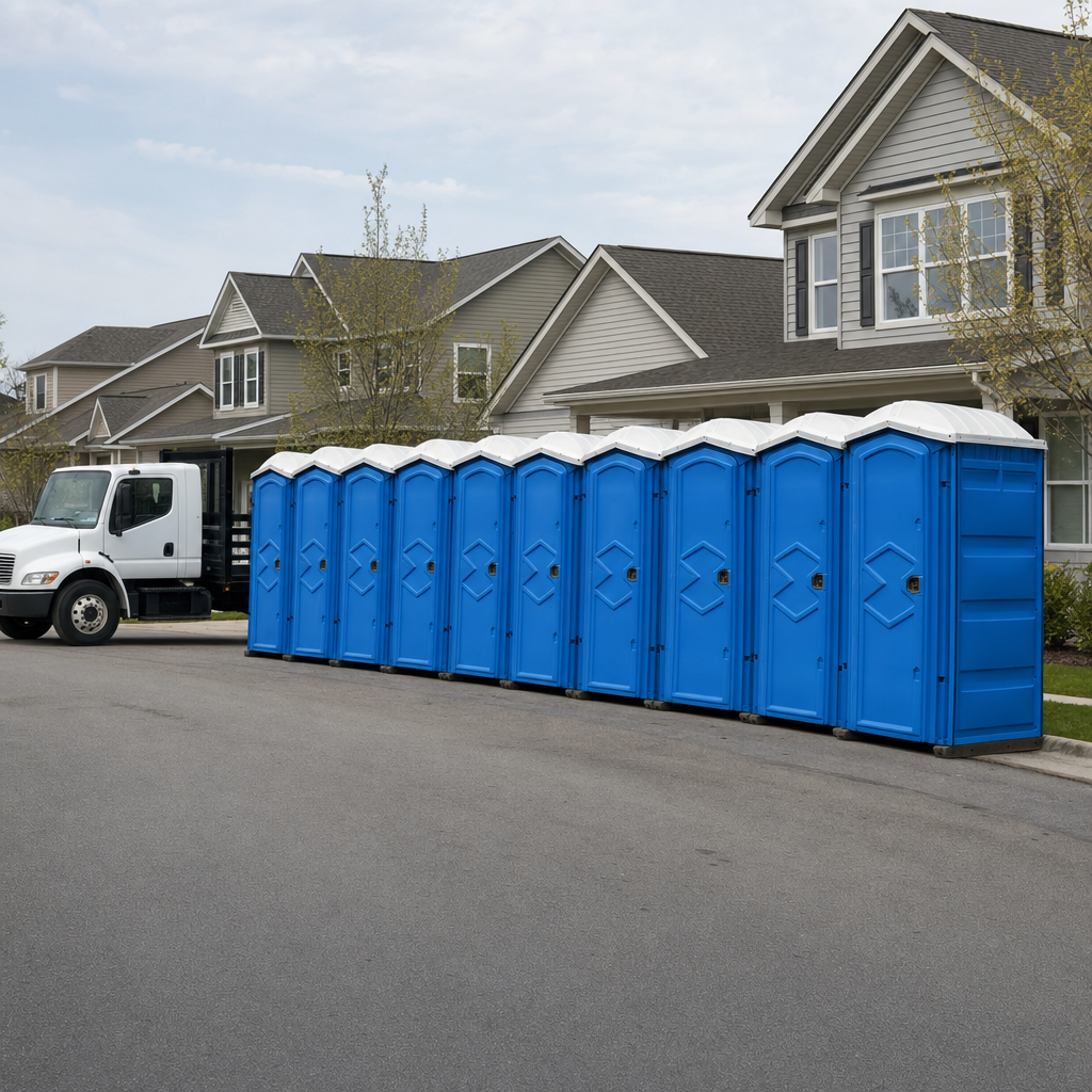 Royal blue portable toilets staged in a tidy row at a Detroit jobsite, ready for delivery